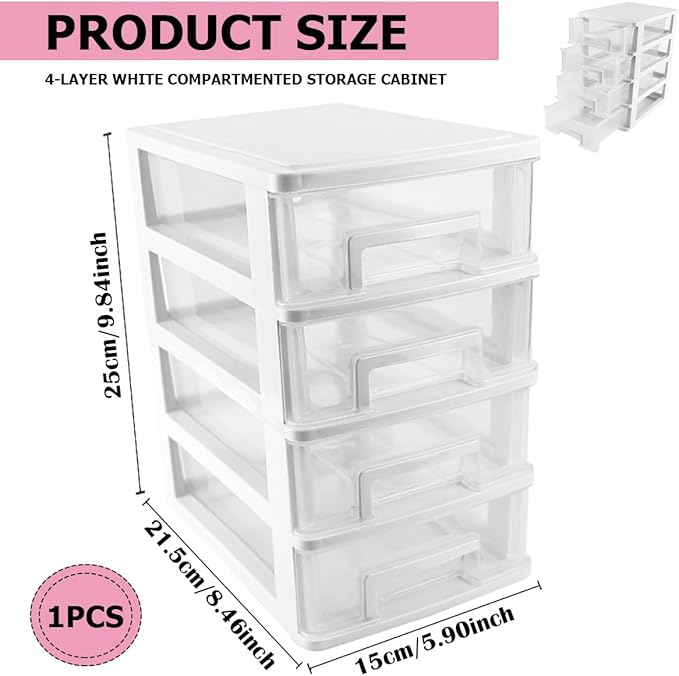 4 Tier Plastic Drawer Type Closet,Portable Storage Cabinet Sundries Storage Cosmetics Jewelry Storage Box for Home Office（White）