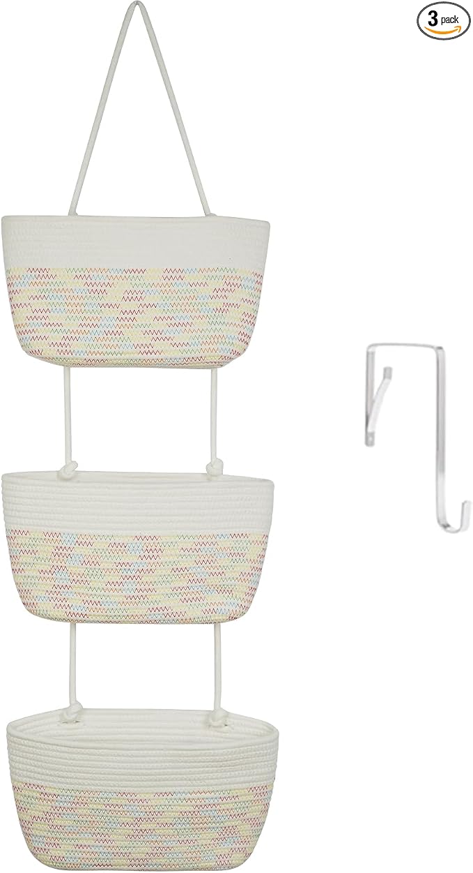 TeoKJ Over the Door Hanging Basket, 3-Tier Woven Cotton Wall-Mounted Storage Organizer Bag Decorative Hanging Nursery Baskets, White & Rainbow Stitching