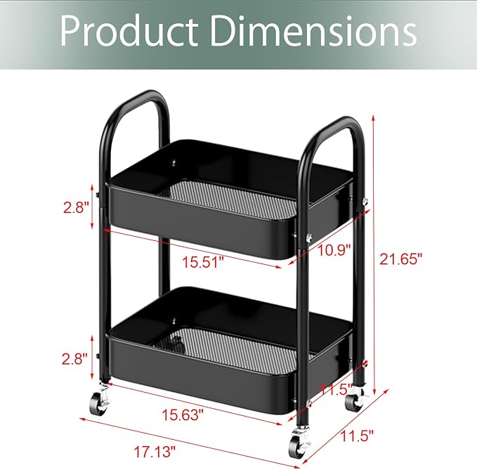Melody House 2 Tier All-Metal Rolling Storage Cart with Handle and Locking Wheels - Kitchen, Laundry, Office, Bathroom Organizer, Black