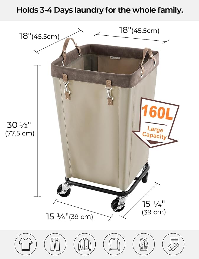 StorageWorks Laundry Basket with Wheels for Clothes, 160L Tan Hamper Cart