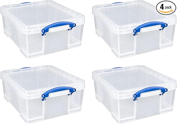 Really Useful Box 4 Pack 17L Plastic Storage Bins with Snap Lids and Clip Lock, Clear