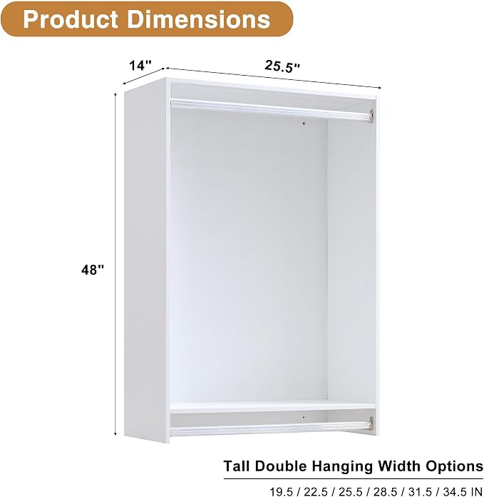 28.5" Double Hanging Closet Module, White MDF Closet Organizer System with 2 Aluminum Hanging Rods, Wall-Mounted Wardrobe Storage for Shirts, Pants, Coats, Bedroom, Walk-In Closet Unit