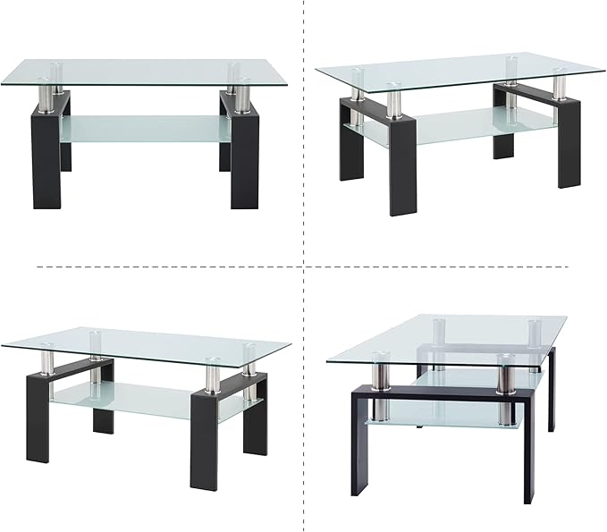 Meihua Rectangle Glass Coffee Table 2-Tier Tea Table Modern Side Coffee Table for Living Room Black