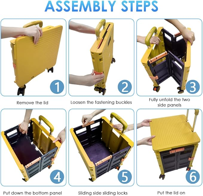 SELORSS Foldable Utility Cart Portable Collapsible Crate Rolling Carts with Wheels Rolling Tote Basket Teacher Cart with Lid Wear-Resistant 360°Rotate Wheel Noiseless for Shopping Storage Office Use