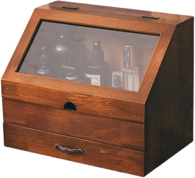 Solid Wood Desktop Storage Box Bedroom Dresser Skin Care Product Wooden Storage Drawer Retro Style Perfume Dustproof Cabinet