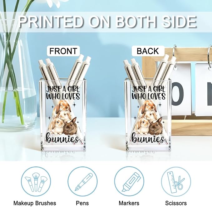 Just A Girl Who Loves Bunnies Acrylic Pencil Holder Cup, Inspirational Gifts for Friends Coworker, Funny Bunnies Pen Holder for Women Girls Bunny Lover, Pencil Cup for Desk, Makeup Organizer