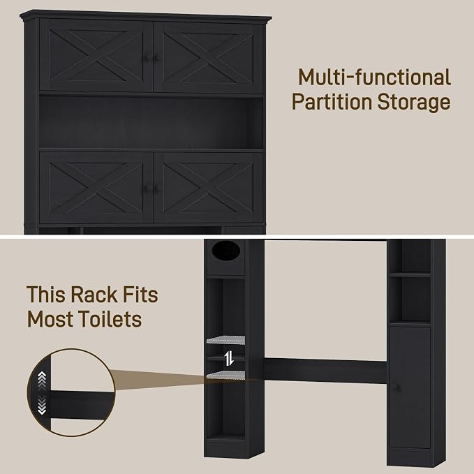 Over The Toilet Storage Cabinet, Farmhouse Storage Over Toilet with 4 Barn Doors & Adjustable Shelf, Space Saving Bathroom Organizer with Toilet Paper Holder Stand for Bathroom, Laundry, Rustic Black