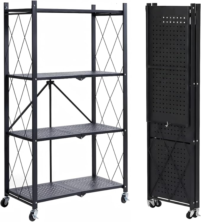 COKIHOM 4 Tier Foldable Storage Shelf, Large Capacity Metal Shelf Rack, Rolling Bookshelf with Wheels, Wire Shelf Organizer for Kitchen, Pantry, Office, Garage, Basement, Black