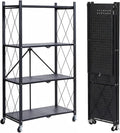 COKIHOM 4 Tier Foldable Storage Shelf, Large Capacity Metal Shelf Rack, Rolling Bookshelf with Wheels, Wire Shelf Organizer for Kitchen, Pantry, Office, Garage, Basement, Black