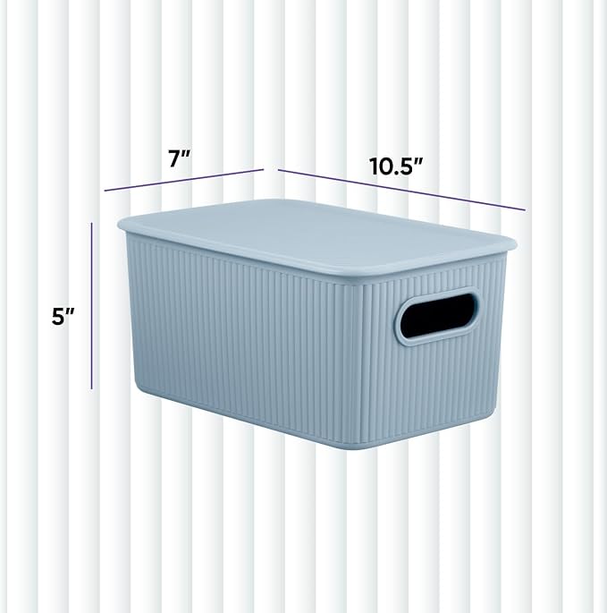 Decorative Plastic Basket Lidded Home Storage Bins Organizer Baskets, Medium Blue (1 Pack - 5 Liter) Stackable Container Box, for Organizing Closet Storage Bins for Shelves - Ribbed Collection