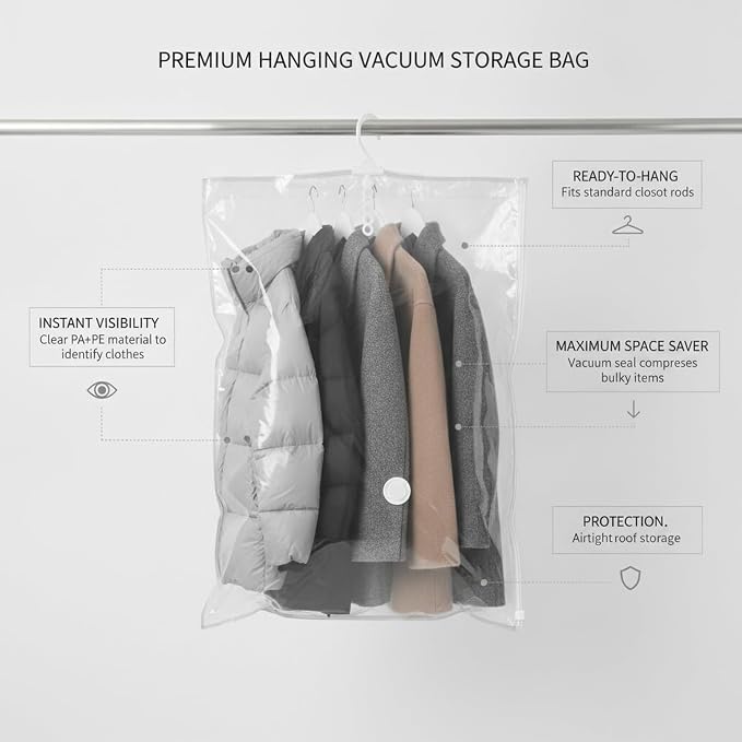 Hanging Vacuum Storage Bags for Closet, Clear Compression Garment Covers for Coats & Suits, Space Saving Organizer (1 Pack)