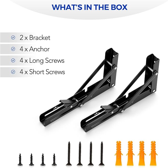Ravinte Matte Black Folding Shelf Brackets, 8 Inch, 4 Pack | Collapsible Bracket Design, Table And Bench Support, Space-Saving Shelf Setup, For Worktops, Laundry Rooms, Garage Projects