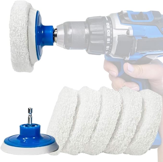 RotoScrub 7 Pack Drill Brush Set for Deep Cleaning, Scratch Resistant, Bathroom, Oven, Countertops, Sinks, Soap Scum, Tile, Boats, Patio Furniture & More | 6 reusable non-scratch white nylon pads for showers, tubs, tile, grout, sinks and counters; fits...