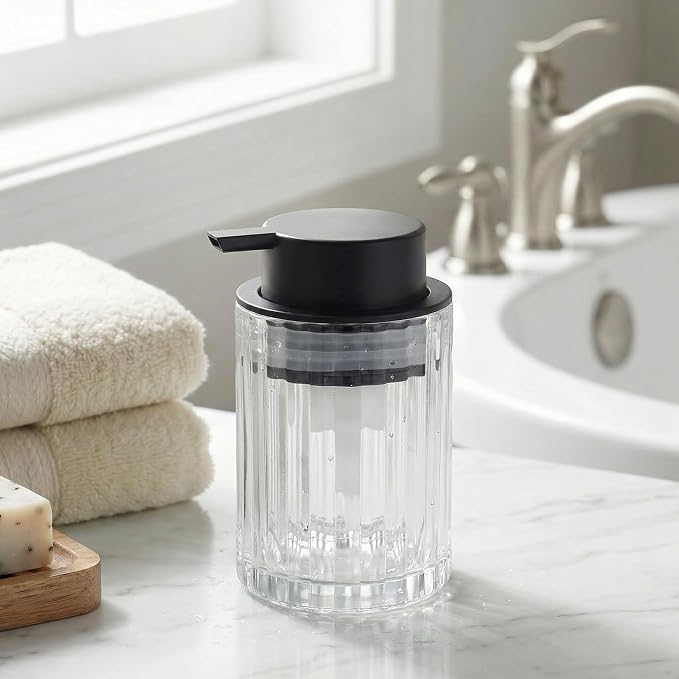 Amolliar Foaming Soap Dispenser, Refillable 8OZ Hand Soap Dispenser, Black | Glass Soap Dispenser Plastic Pump, Dish Soap Dispenser for Kitchen, Bathroom Accessories Set, Bathroom Home Decor(1 Pack)