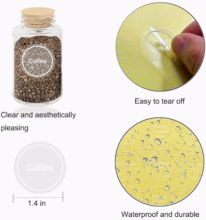 Spice Labels, 432Pcs Spice Labels Stickers 1.4in Waterproof Adhesive Round Preprinted Spice with Blank Label Tear Resistant Sticker for Kitchen Jars Caps Food Containers Organizers (Transparent)