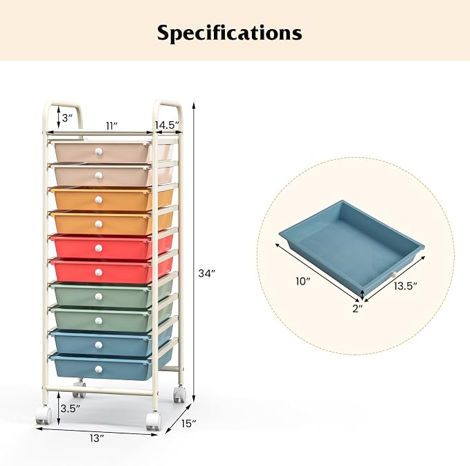 DREAMADE Rolling Cart With Storage Drawers, Utility Cart With Removable Plastic Drawers, Lockable Wheels for Classroom Organization, Art Supplies, Office, Scrapbook (10 Drawers, Macaron)