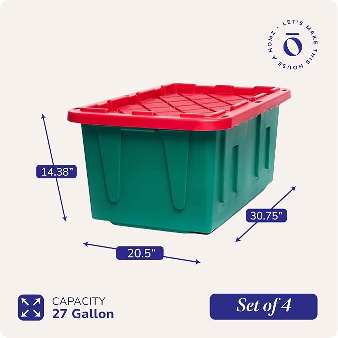 HOMZ Durabilt Plastic Storage Bins with Lids, 27 Gal, Red/Green, 4 Pack | Heavy-Duty Large Stackable Container Seasonal Boxes for Home, Attic, and Garage Organization