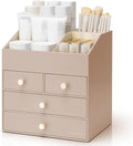 VLANDO Makeup Organizer,Vanity Organizer with Drawers, PU Leather Skincare Organizer Perfume Organizer,Large Cosmetic Display Case for Lipstick,Brushes Gifts for Women, Toffee, 4 Layer