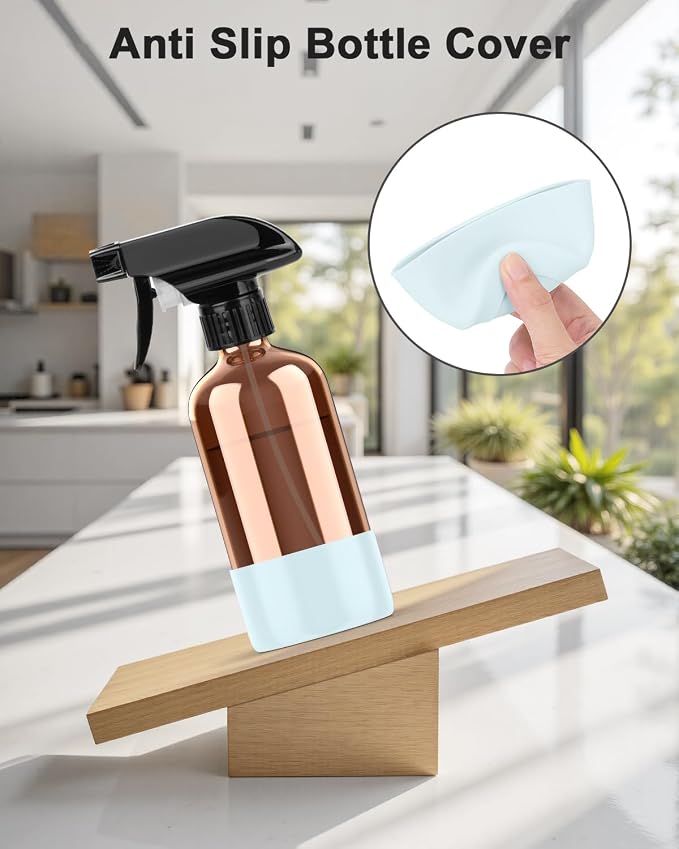 Bontip Amber Glass Spray Bottle with Silicone Sleeve Protection, 8 oz Refillable Spray Bottles for Cleaning Solutions, Plants, Aromatherapy, Facial Hydration (1, Blue, 8 oz)