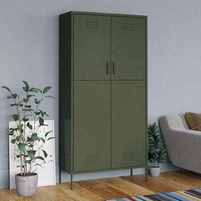 Metal Wardrobe Storage Cabinet,Employees Locker Wardrobe Industrial Steel Storage Cabinet with Hanging Rod, 4 Adjustable Shelves for Office, Garage, Home 35.4"x19.7"x70.9" Olive Green -AA