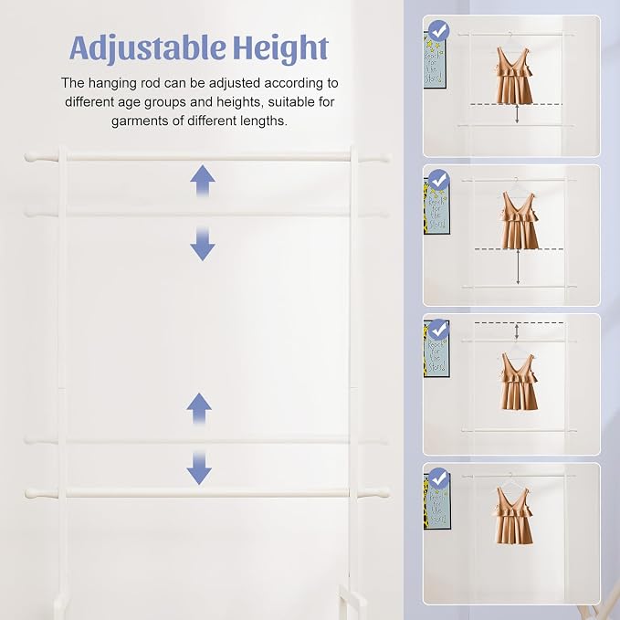 Bamboo Kids Clothing Rack: Holds Up To 121 Lbs of Dress-Up Clothes | 2 Adjustable Hanging Rods & 2 Storage Baskets With Shelf. Child Garment Holder for Playroom & Toddler Bedroom (White)