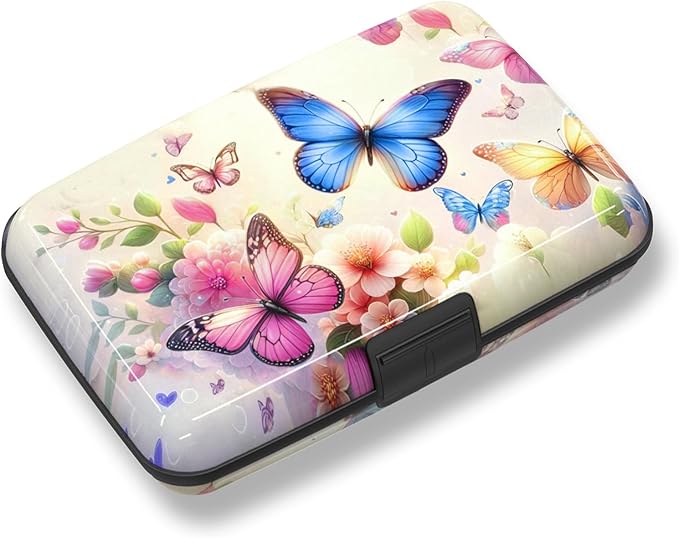 Credit Card Holder, Colorful Butterfly Mini RFID Small Aluminum Card Wallet | Blocking Slim Metal Business Card Case, RFID Blocking Front Pocket Wallet Hard Case Durable CC Holder for Women Girl