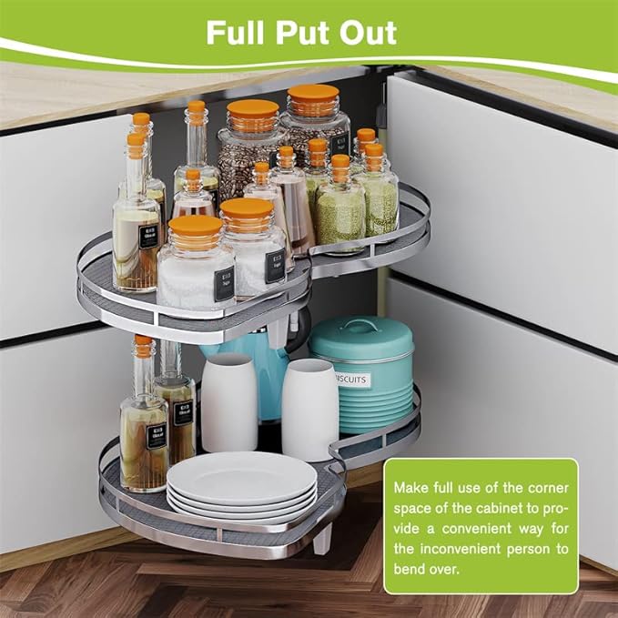 Blind Corner Cabinet Pull Out Organizer, Soft Close Swing Left Pull Out Cabinet Organizer 36inch, Corner Cabinet Lazy Susan for Corner Cabinet Blind Shelf, 2 Tiers Tray, Adjustable Height