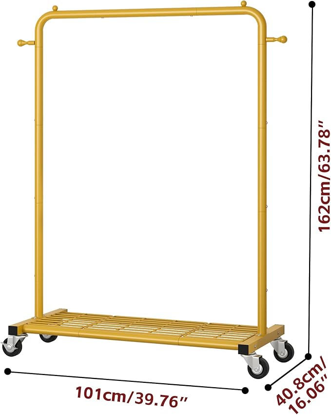Sywhitta Clothing Rack on wheels, Clothes Rack with Bottom Mesh Storage Shelf,Sturdy Metal Frame,for Hanging Clothes,Coats,Skirts,39.76 "W x 16.06" D x 63.78" H,Gold Yellow