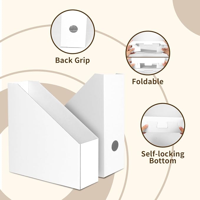 Rempry 12 Pack Magazine File Holders White, Foldable Cardboard Document Organizer Boxes with Labels, Space-Saving Storage for Office, Home, School, 10.2x3.5x10.6 Inchs