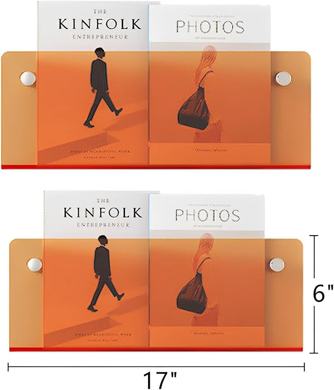 ROYALITA 2-Pack Acrylic Magazine Holder Brochure Holder, Orange 17 Inch | Record Magazine Rack, Fashion Floating Bookshelf, Literature Storage Rack for Waiting Room, Living Room, Office
