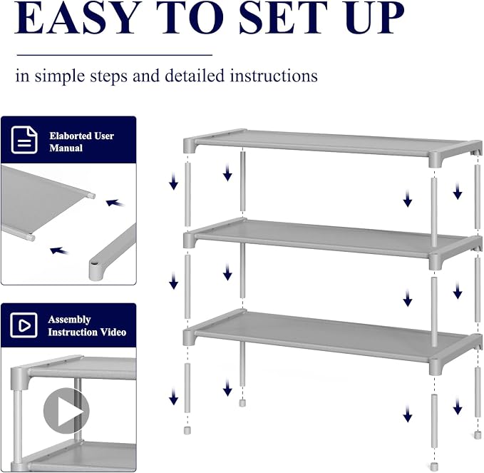 Kitsure Shoe Rack - Non-Woven Shoe Rack Shelf, Shoe Organizer for Closet, Entryway, Garage & Corridor, Stackable Shoe Shelves, 27.5" Wide - 3 Tier, Grey