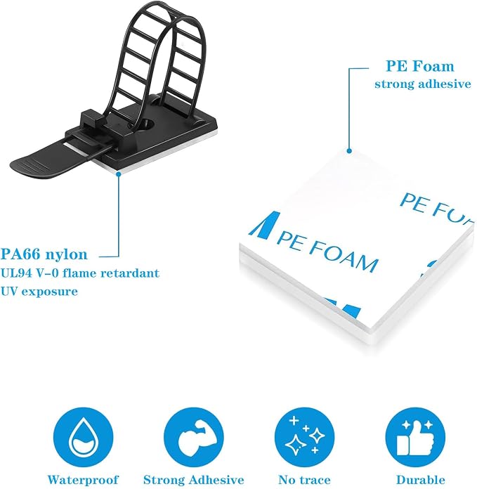 Adjustable adhesive cable management clips 100Pcs, large self adhesive cable ties clips ，Suitable for cable management under desks and on walls(Black)