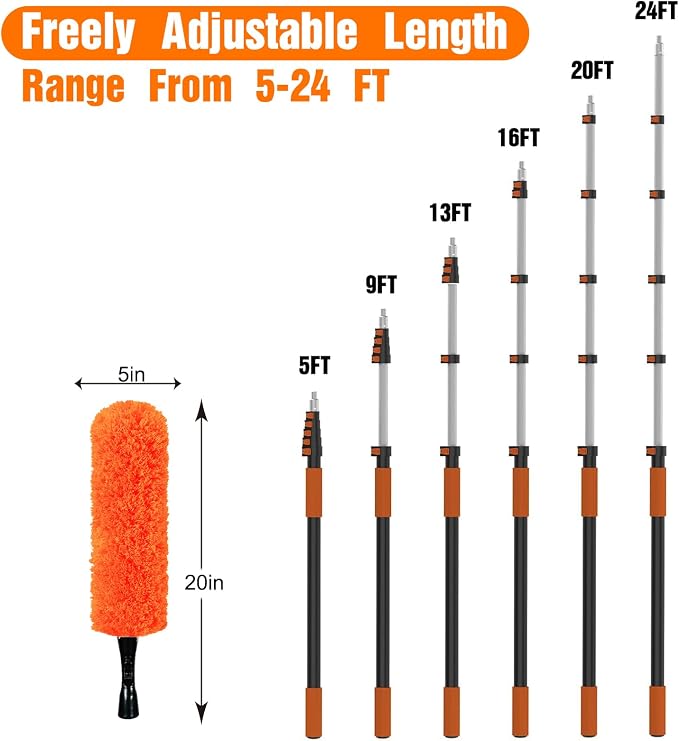 LAANPOLE 30FT Reach Ceiling Fan Cleaner Duster, Fan Blade Cleaner Kit with 5-24FT Extension Pole, Microfiber Duster & Replaceable Cleaning Cloth for Blades, Ceiling, Furniture