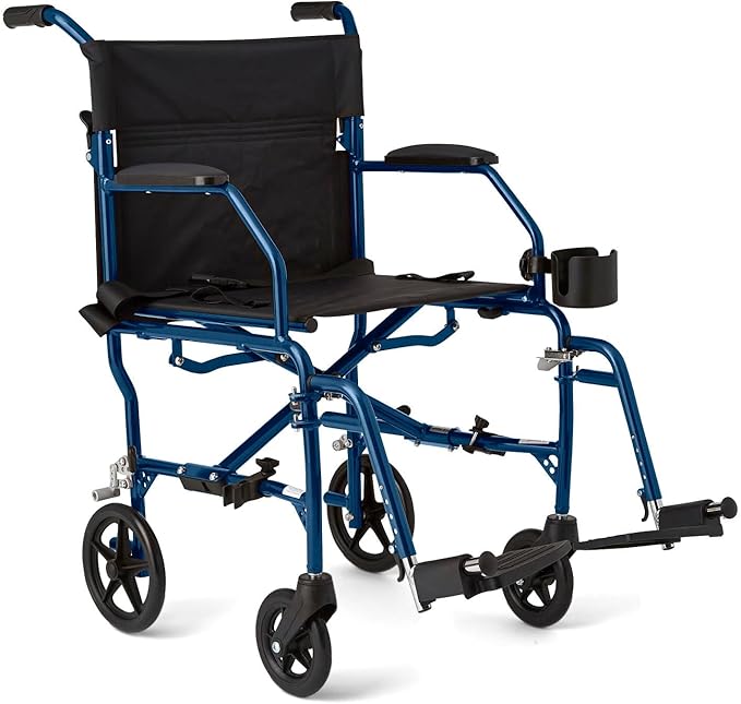 Medline Ultra Lightweight Transport Wheelchair for Adults and Elderly, Foldable, 19-Inch Seat Width, Blue Frame, Black Upholstery, 300 lb Capacity