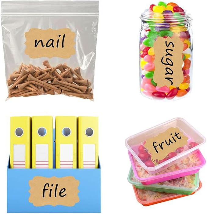 300 Pcs Self-Adhesive Gift Tags Name Jar Labels Stickers, 1 x 2 in, Brown | Waterproof vinyl, matte writable surface, peel-and-stick, removable, lace design for jars, bottles, gifts and crafts