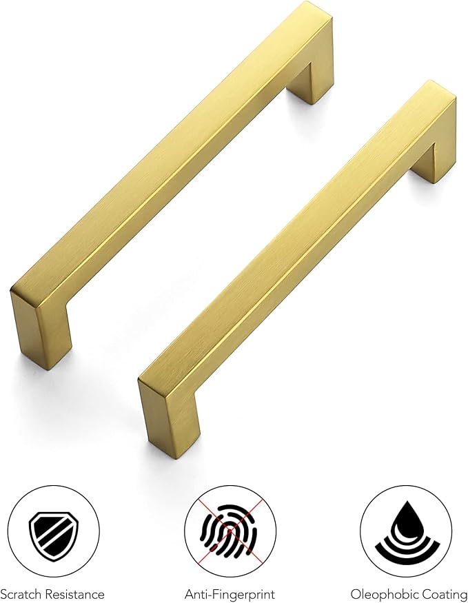 Ravinte Brushed Brass Square Cabinet Handles Drawer Pulls,5 Inch,15 Pack | Screws Included, Stainless Steel, Square Bar Grip, Easy Install, Kitchen Cabinet Hardware, For Cupboards, Drawers, Dressers