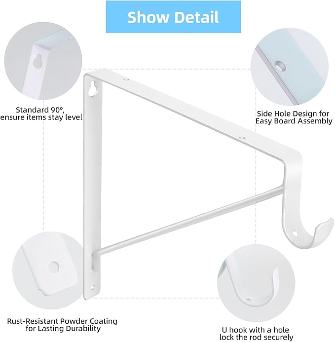 4-Pack Closet Rod Bracket, 10.8x10.8Inch Closet Shelf Brackets Heavy Duty Wall Mounted, Matte White Steel Closet Rod Support Brackets Holder, 300 Lbs Load Capacity with Anchors Screws