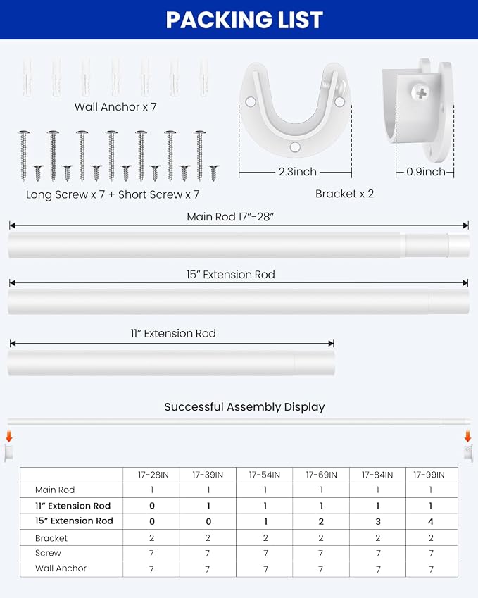 Supforce Closet Rods for Hanging Clothes, 17 to 39 Inches Stepless Adjustable Metal Closet Rod, 1.3 Inches Heavy Duty Clothes Hanging Rod for Closet Wardrobes Laundry RV, White