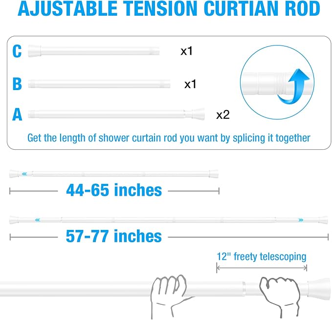 MEXAU Shower Curtain Rod 44-77 inch Tension Rod White Shower rod Non Slip Tension Curtain Rod Adjustable Curtain Rods No Drilling Shower Rods for Bathroom Windows Closet 1Pack