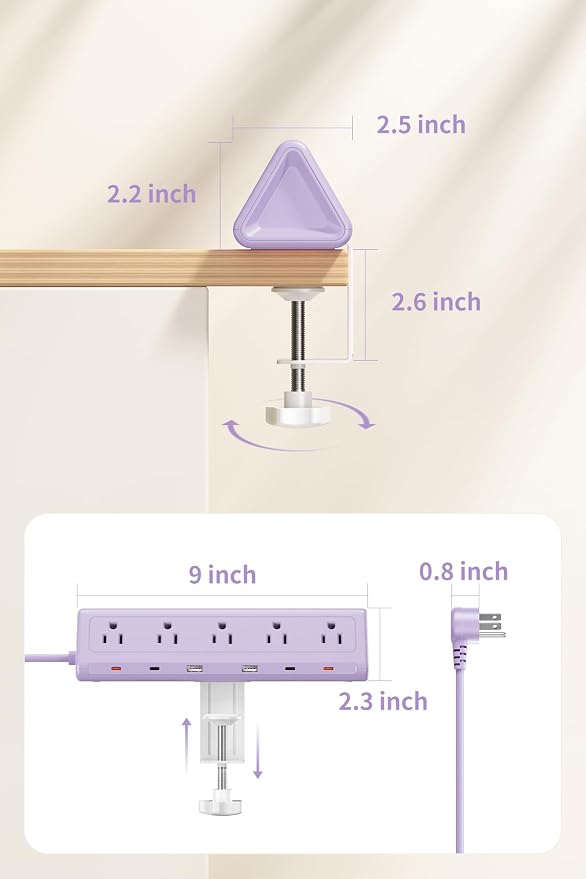 6.5 FT Desk Clamp Power Strip with 5 AC Outlets & 6 USB Ports PD 40W USB-C Fast Charging, Extension Cord with Multiple Outlets, Fits 2.1 in top Edge Purple
