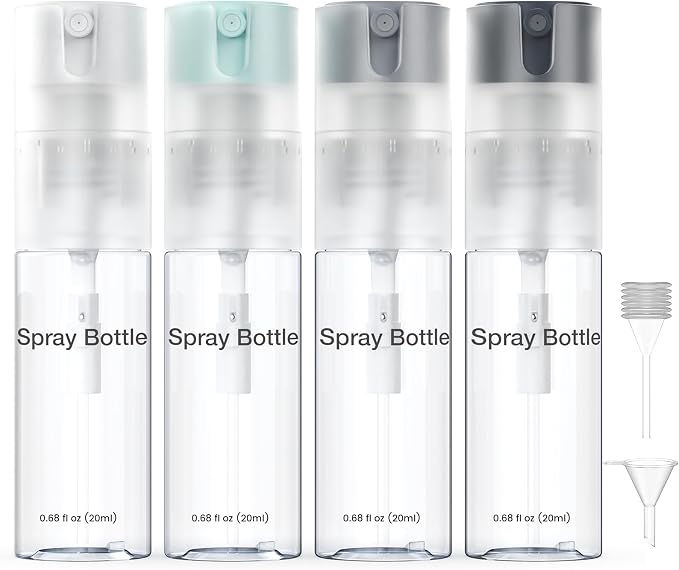 4 Pack Refillable Spray Bottle, Reversible Small Empty Spray Bottle with Fine Mist, Leak Proof - for Cleaning Solutions, Mosquito prevention, Face & Hair Mist - 4pk 0.68 OZ / 20 ML