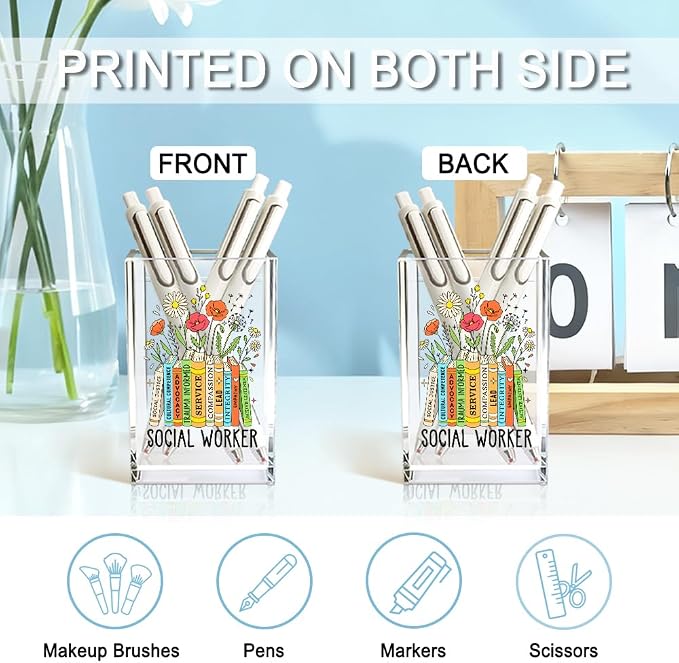 Social Worker Acrylic Cosmetic Pencil Holder Cup, Floral Books Pen Holder for Office Desk Accessories for Social Worker, Social Work Appreciation Gifts, Marker Holder, Funny MSW Thank You Gifts