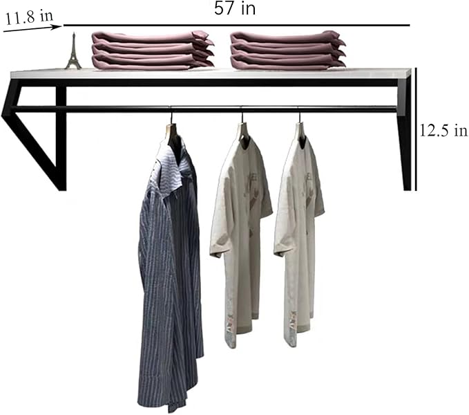 Modern Simple Men's and Women's Clothing Store Heavy Duty Metal Display Shelf,Wall-Mounted Garment Rack with Wood,Clothes Rail,Bathroom Hanging Towel Rack (Black Square Tube, B-57 L)