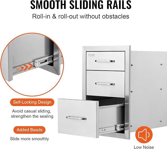 VEVOR 18x23 Inch Outdoor Kitchen Cabinets 18W x 20.5H x 23D Inch, BBQ Drawers Stainless Steel, Outdoor Kitchen Drawers Triple Access with Chrome Handle, BBQ Island Drawers, Grill Drawers Storage | Stainless Steel Outdoor Kitchen Drawers Triple Access w...