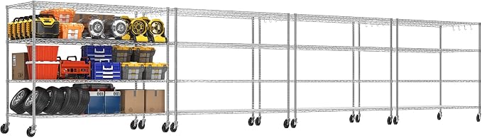 Chrome Storage Shelves with Wheels 55.5" W Garage Shelving Heavy Duty 4 Tier Adjustable Wire Shelving Unit Metal Shelving for Garage Pantry Commercial Basement,55.5" Wx24 Dx76 H 4Pack