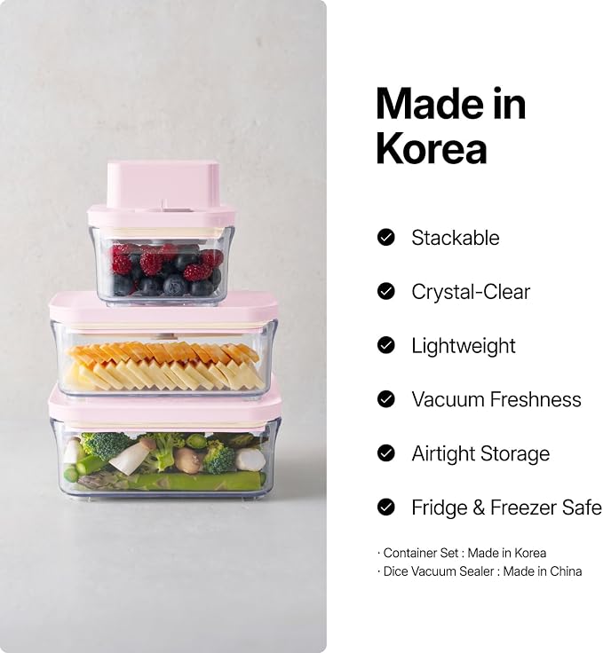 VAKUEN Premium Airtight Food Storage Containers ROSE 8P/SET, 6pcs Container, 1pcs Water Pitcher and Vacuum Sealer. Patented Double Silicone Lining, 100% Leak Proof, BPA-FREE