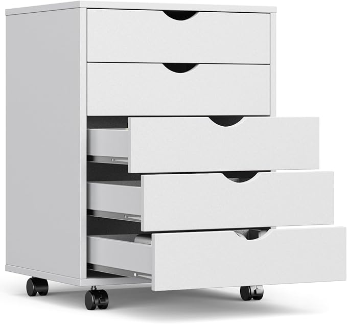 OLIXIS 5 Drawer File Cabinet on Wheels, Printer Stand | Fits Under Desks, Wood Storage Organization Holds Printer, Office Supplies, Not For Hanging Files, For Home Office Use White