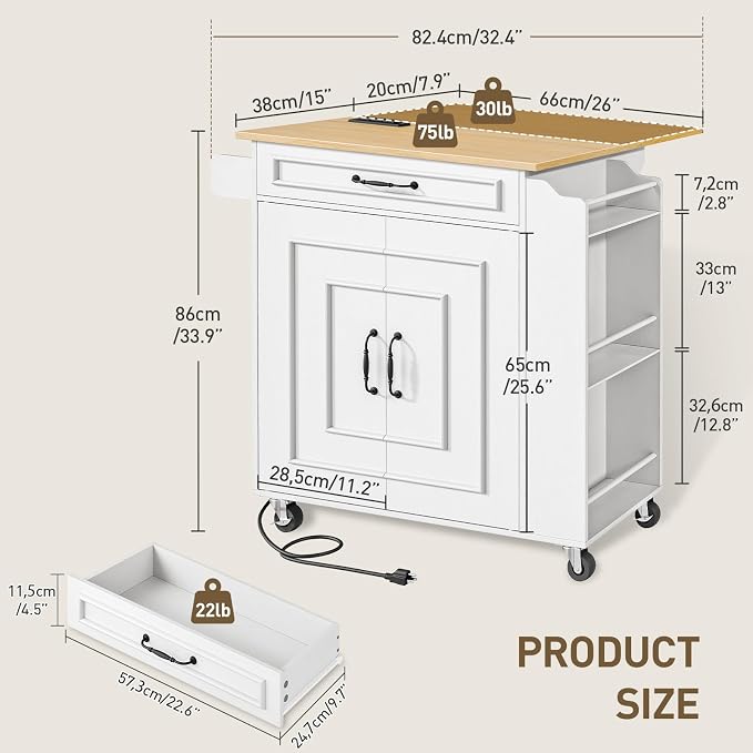 RALGEND Kitchen Island with Power Outlets & Drop Leaf, Rolling Kitchen Cart on Wheels, Kitchen Storage Island with Spice Rack and Drawer, Mobile Island Table for Kitchen, Dinning, White and Natural
