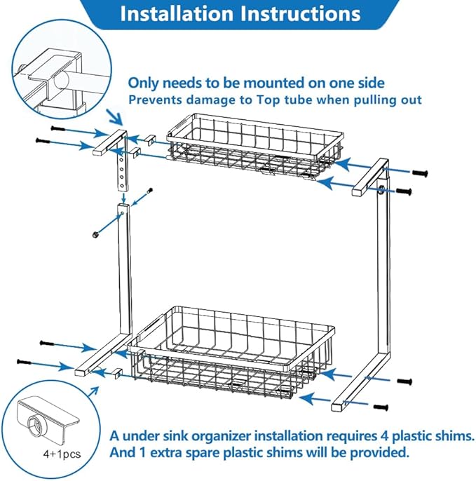 Under Sink Organizer 2 Tier Bathroom Under Sink Organizers and Storage 1 Pack Kitchen Pull out Cabinet Organizer Metal Sliding Drawer for Kitchen Pantry Cabinet Closet Organization Rack White