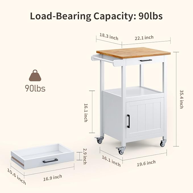 Qsun Rolling Microwave Cart with Storage, White | Microwave cart with wheels, Small Home Coffee Bar, Microwave Stand, Rolling Kitchen Cart with Side Hook